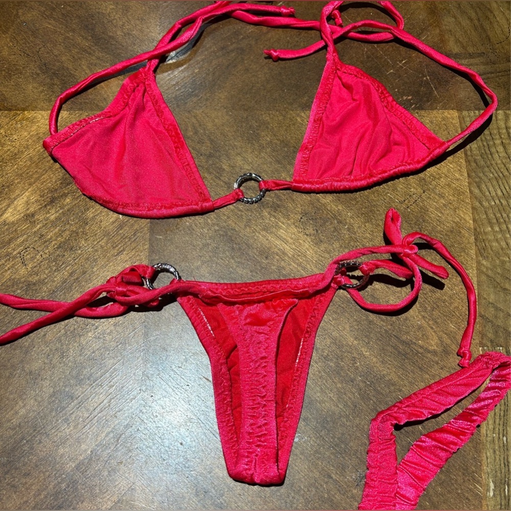 Pre-Owned Sexy Skimpy Photoshoot Worn Triangle Top Tie Side Thong Bikini & Bling - Picture 14 of 16